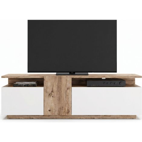 Meuble TV 55 Pouces 3 Portes 5 Niches Chêne et Blanc L 150 H 46.3 P 29.5 cm (1/5)