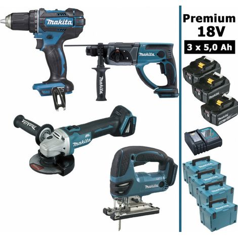 Pack Makita Premium 4 machines 18V 5Ah: Perceuse DDF482 + Meuleuse DGA504 + Perforateur DHR202 + DJV180 + 3 batt + 4 Coffrets (1/4)