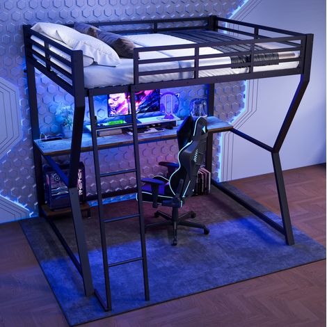 Cama alta 140x200 con escritorio LED metal negro OKMYHOME (1/5)