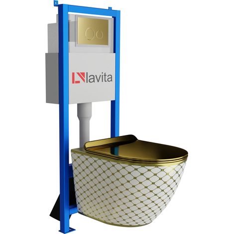 Bâti-support Lavita LAV 101 à 40 cm + WC Sofi Slim Checked Gold sans bord + plaque de commande LAV 200.4.5 d'orée  Kit complet WC
