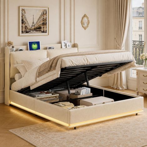 Stauraumbett 140x200 cm mit RGB-LED, Doppelbett mit hydraulisch hochklappbarem Lattenrost, Samt-Kopfteil mit kabelloser Ladefunktion sowie USB/Type-C, Beige (1/5)