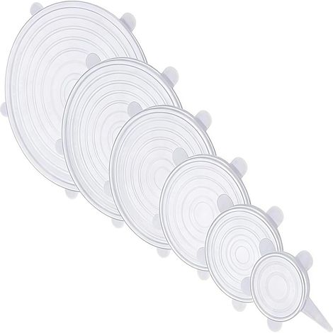 Tapas telescópicas de silicona reutilizables, aptas para cuencos, tazas y tarros de todas las formas y tamaños. (Blanco, paquete de 6). (1/5)