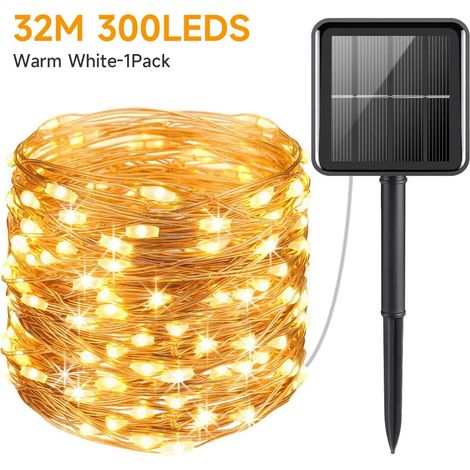 Guirlande lumineuse solaire étanche (32 m, 300 LED) pour extérieur, idéale pour les fêtes de Noël, les soirées féériques et le jardin. (1/5)