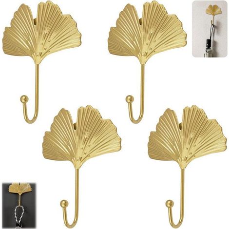 Lot de 4 crochets décoratifs en fer en forme de feuille de ginkgo, crochets muraux pour clés et manteaux, décoration intérieure, con (1/4)