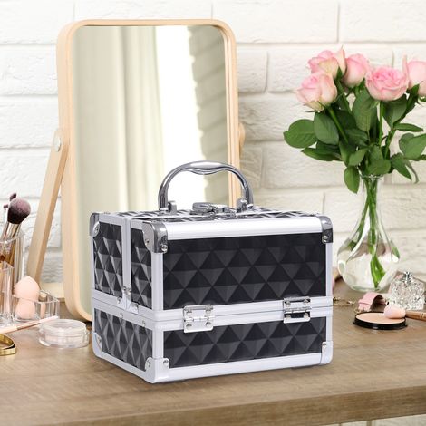 Mallette à maquillage rangement à 3 niveaux avec miroir verrouillage avec 2 clés dimensions 20L x 15l x 15H cm noir
