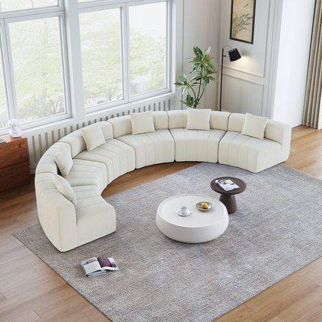 Sofá modular semicircular de 6 plazas en chenilla beige, 2 cojines, sin montaje DESVIAE
