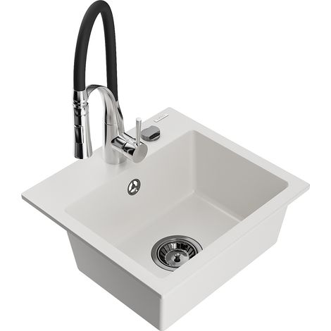 Mexen Milo fregadero de granito de 1 compartimento con grifo de cocina Aster, blanco - 6505-20-73450-07-B (1/5)