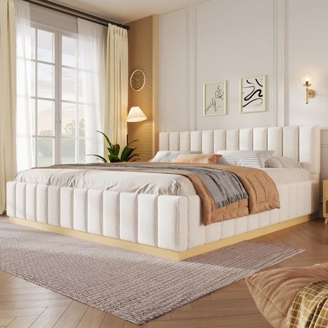 Lit double rembourré 180x200 cm avec tête de lit capitonnée, sommier à lattes, bords arrondis et structure basse, tissu chenille, beige (1/5)