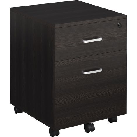 Mobiletto per ufficio con 2 cassetti e serratura, dotato di 5 ruote, ideale per riporre documenti in formato A4, con finitura effetto legno nero.