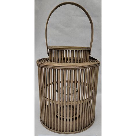 Cylinder Lantern with Glass Holder - Wicker - L26 x W26 x H26 cm