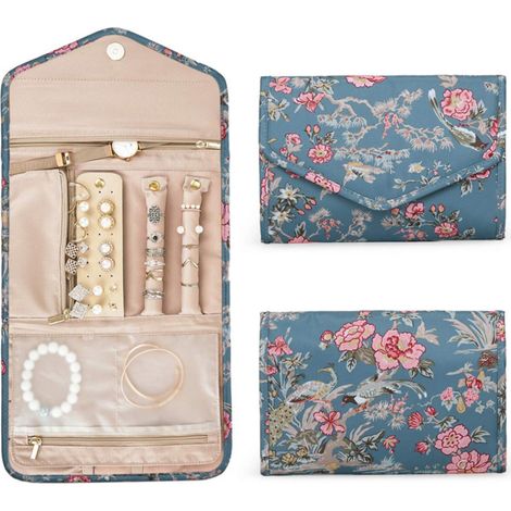 Organisateur Bijoux - Rouleau De Rangement Voyage Pliable - Pochette Cosmétique Avec Compartiments Séparés - Pour Colliers Bracelets Bagues Boucles D Oreilles - Bleu Fleuri - 1 Pièce (1/5)