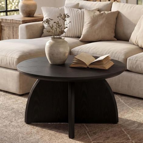 Tribesigns Round Coffee Table 80cm, Black Low Coffee Table for Living Room, Modern Wooden Accent Center Table Sofa Side Table for Apartment, Small Space