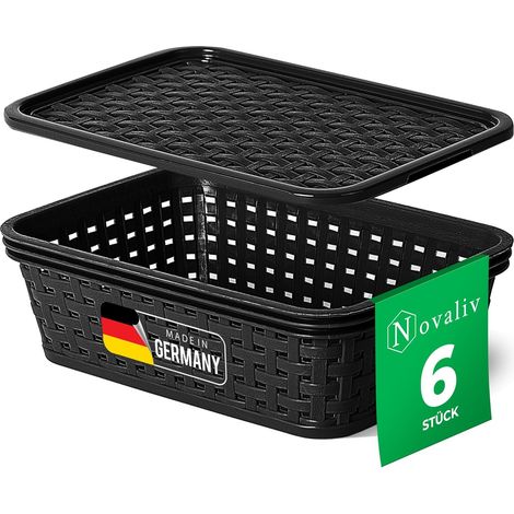 Novaliv lot de 6 boîtes de rangement avec couvercles, mini panier 1L, noir en rotin, panier de rangement alimentaire, boîtes empilables, plastique