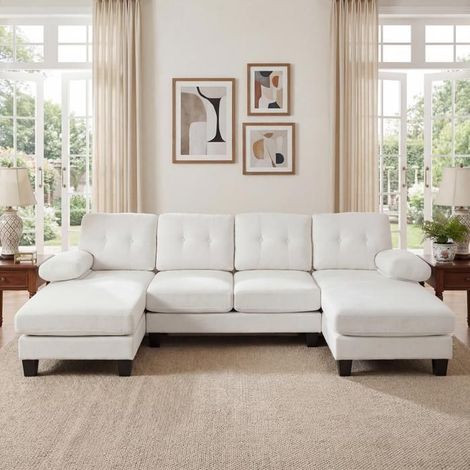 Canapé U 4 places - KOMHTOM - Modèle U - Convertible lit - Chaiselongue réversible - Chenille beige (1/5)