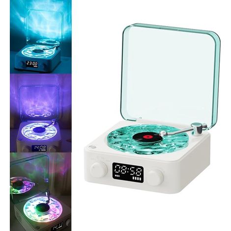 Tocadiscos, altavoz Bluetooth Waves, altavoz portátil de vinilo vintage con luz ajustable y pantalla de hora para dormitorio y fiestas, blanco (1/5)