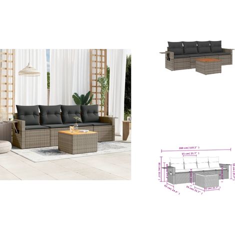 5-tlg. Garten-Sofagarnitur mit Kissen Grau Poly Rattan - Gartenmöbel Set - PE-Rattan Möbel - Outdoor Lounge - Balkonmöbel - Terrassenmöbel