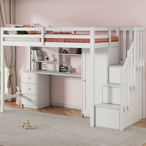 Modernluxe – Lit mezzanine 90x200cm en bois massif – bureau, armoire et escalier de rangement – sécurité renforcée avec balustrades – facile à assembler (1/5)