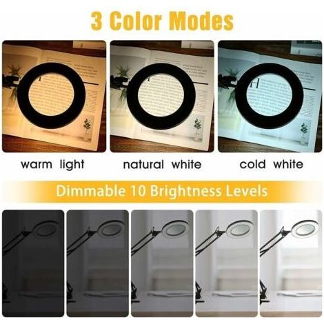 Lampe loupe LED avec pince, grossissement 8 dioptries, bras pivotant dimmable, 3 couleurs, pour lecture, table et atelier (1/4)