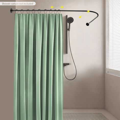 Tringle de douche en L, pour coin de baignoire, tringle télescopique en inox pour vestiaire, sans perçage, avec 24 anneaux pour rideau de douche (1/5)