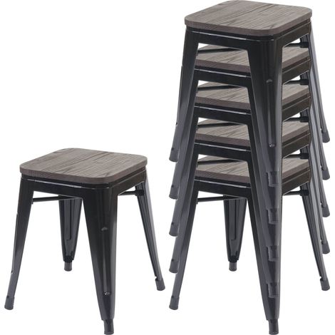 [NON UTILIZZATO] Set 6x sgabelli poggiapiedi bistrot design industriale HHG-771 legno metallo verniciato nero