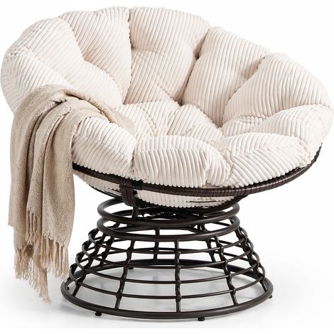 Sillón Papasán Giratorio 360° Diseño Ergonómico con Cojín Acolchado, Acero y Ratán PE Blanco 92 × 67 cm (1/5)