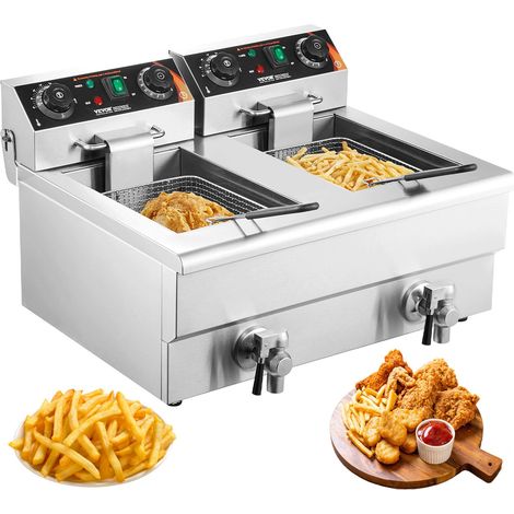 Friteuse Électrique Commerciale 11L x 2 Cuves 3000W x 2 Friteuse à Huile en Inox avec 2 Paniers à Frire Température et Temps Réglable 50-200°C pour Rondelles d’Oignon Poulet Frit Snack-Bars