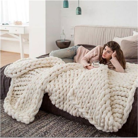 1 pièce couverture en tricot épais, laine naturelle, fait main — douce et légère — idéale pour canapé ou lit