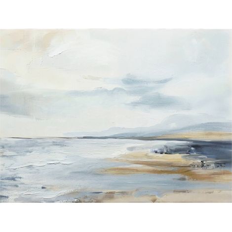 Tableau abstrait bleu blanc ocre sur toile avec effet huile - Bleu ciel et sable clair (1/3)