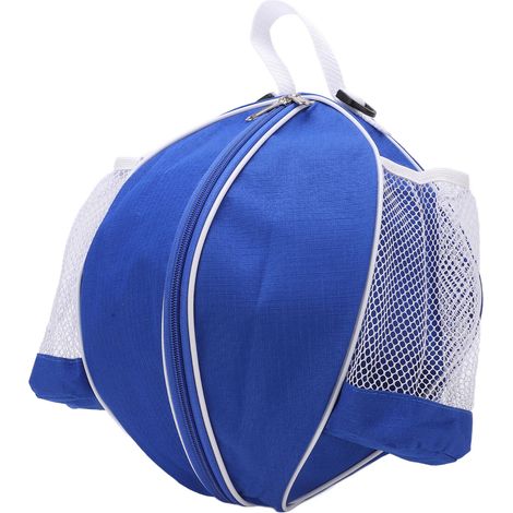 Sac de rangement rond en filet pour ballon de basket-ball, en tissu Oxford, pour le sport en intérieur. Tissu bleu avec bords blancs. (1/5)