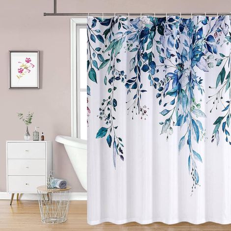 JSSEVN - Floral Shower Curtain with 12 Hooks (Blue), Waterproof Polysilicon Shower Curtain, Machine Washable, Quick Drying, 180x180cm for Bathtub or Bathroom (1/5)
