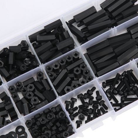 Set mit 320 schwarzen Nylon-Sechskantschrauben M3, verpackt in einer Schachtel. (1/5)