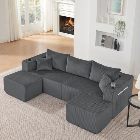 Canapé d’angle modulable 230x138x75 cm en tissu côtelé gris, rangement, pour salon – MEUBLIV (1/5)