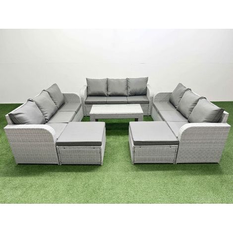 Fimous PE Rattan Lounge Sofa Set 11 Seater Outdoor Garden Furniture Set with Oblong Coffee Table 3 Seater Sofa 2 Big Footstools Light Grey (1/4)