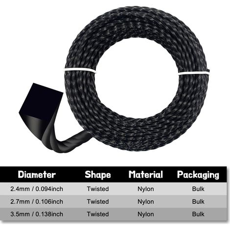 (2,4 mm, 20 m) NOUVEAU Fil de coupe-bordures en nylon haute résistance de 20 m, noir, résistant et torsadé (1/4)