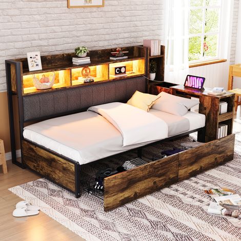 Cama individual 90/200 cm madera natural de metal y madera con escritorio extraíble y almacenaje (1/5)