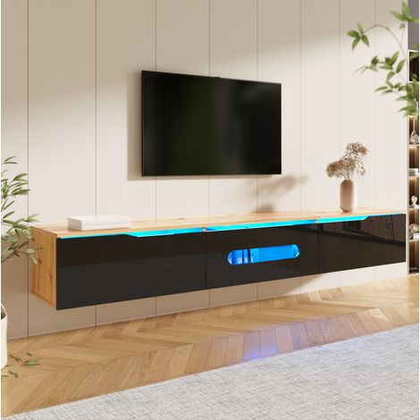 meuble tv rangement 180 cm led mural noir bois HAVRYA (1/5)
