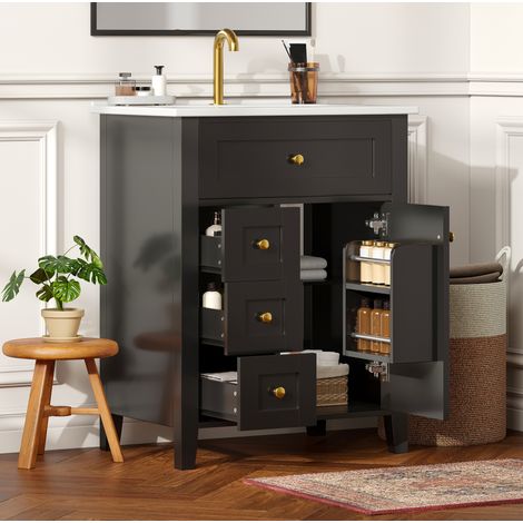 Mobile bagno con lavabo 61 cm nero lucido, 1 anta, 4 cassetti HAVRYA (1/5)