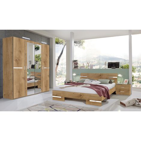 Chambre à coucher complète adulte (lit 140x200cm + 2 chevets + armoire) coloris imitation chêne poutre/chrome brillant -PEGANE-