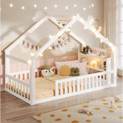 Cama infantil (215x94.5x158 cm), en forma de casa, con barandillas de seguridad, estantes laterales, madera de pino, blanco (1/5)