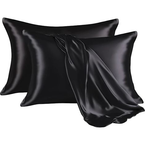 Filiyano – oreiller en satin – Lot de 2 taies d'oreiller en satin (paire) - Linge de lit doux pour la maison, noir, 50 cm x 90 cm (1/5)
