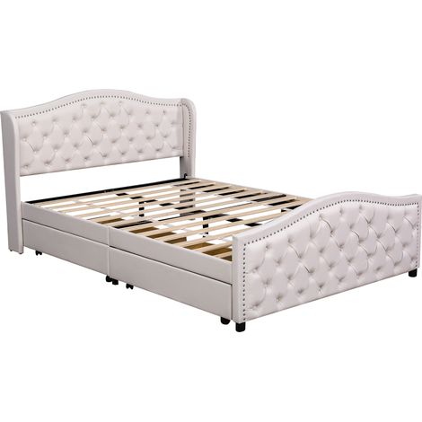 Cama capitoné 160 x 200 cm con somier de láminas, 2 cajones y cabecero de PU blanco (1/5)