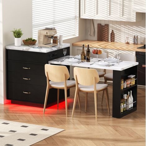 Kücheninsel mit Rollen, Ausziehbarer Esstisch mit LED-Beleuchtung , Küchentisch mit Steckdosenleisten, dient als Kücheninsel, Anrichte, Sideboard oder Bartisch für Küche und Esszimmer  (Schwarz) (1/5)