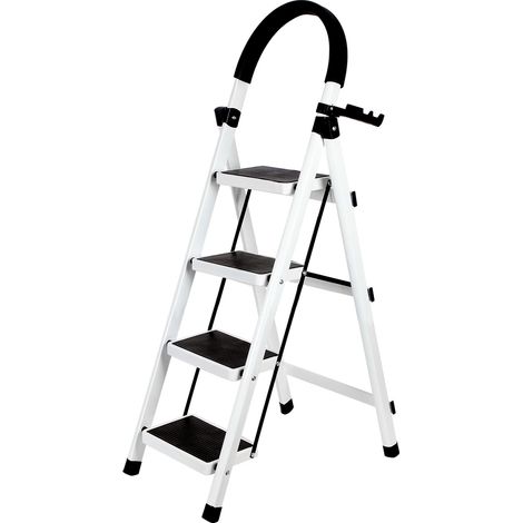 Escabeau professionnel 4 Marches Pliant, Escabeaux Pliant avec Marchepied Antidérapant et Large, avec Poignée, Sécurité - Idéal travaux, peinture, rénovation-Blanc (1/5)