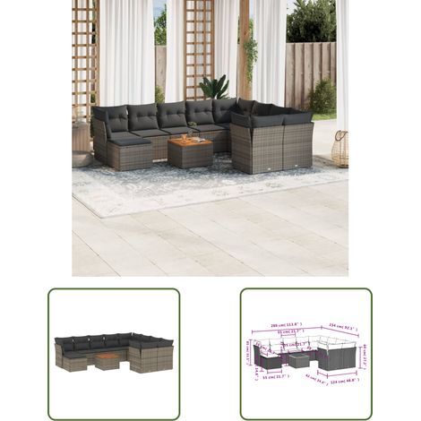 The Living Store 11-tlg. Garten-Sofagarnitur mit Kissen Grau Poly Rattan - Gartenmöbel - Sofa Set - Rattan Möbel - Outdoor Möbel - Esstisch (1/3)