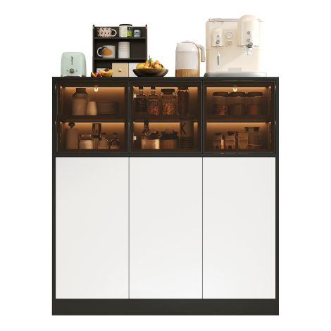 Armoire de rangement buffet à café bicolore noir et blanc avec vitres et éclairage LED intérieur dimensions 100×40×105cm 6 portes pour cuisine salon et salle à manger domestique