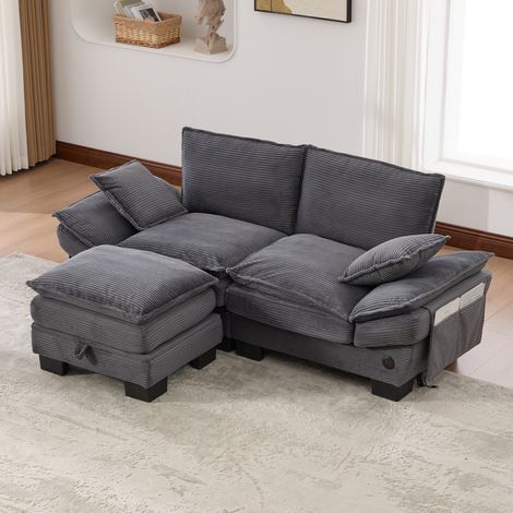 Canapé modulable 2 places velours côtelé pouf assise large ergonomique mousse haute densité USB-C poches latérales gris foncé (1/5)