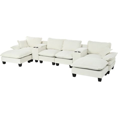 Modulares U-Sofa aus beigem Chenille mit 2 Stauraum-Konsolen, USB und Hockern (1/5)