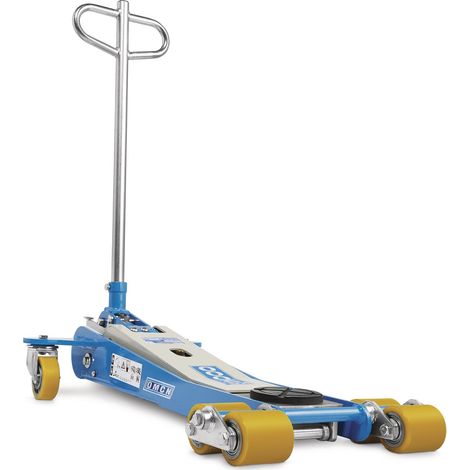 Cric rouleur 2T profil bas long – Charge maximale 2T – Roues en PU pour sols inégaux – O3010 – Omcn
