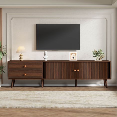 Meuble TV en bois avec deux tiroirs et deux portes coulissantes 180 x 40 x 46,5 cm meuble de salon Pour tv jusqu'à 80 pouces Noyer (1/5)