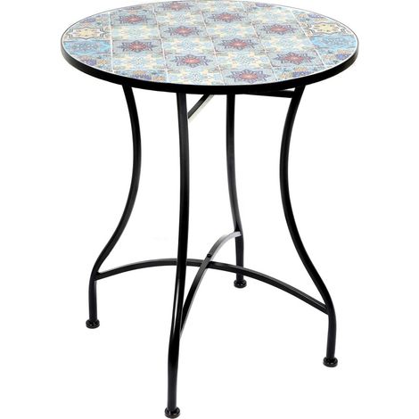 Runder Bistrot-Gartentisch PORTO Kollektion – Dekorative Mosaik – Schwarzes Metall – Ø60xH71 cm